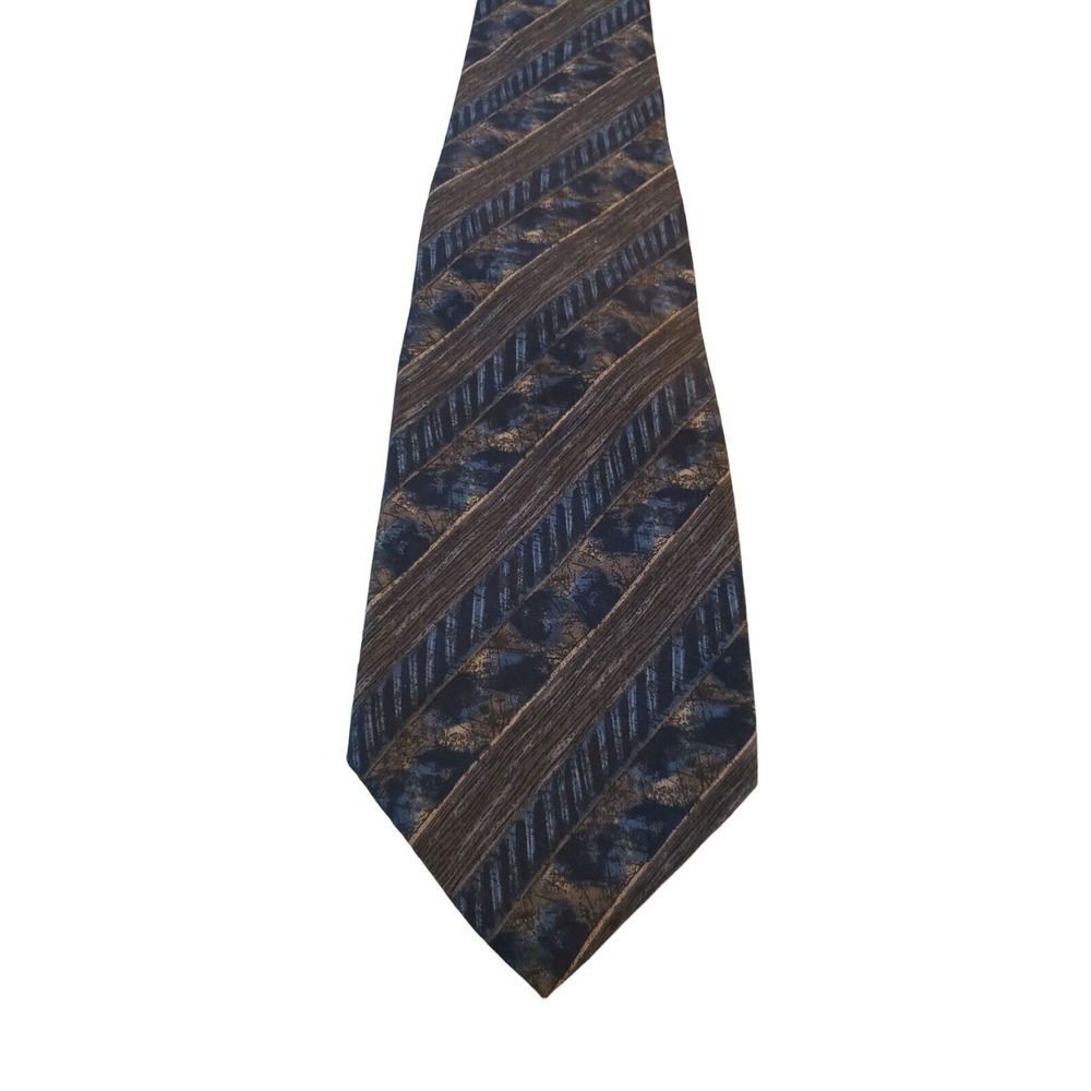 Geoffrey Beene Men's Neck Tie 100% Silk Made In US Brown‎ Blue Striped Pattern